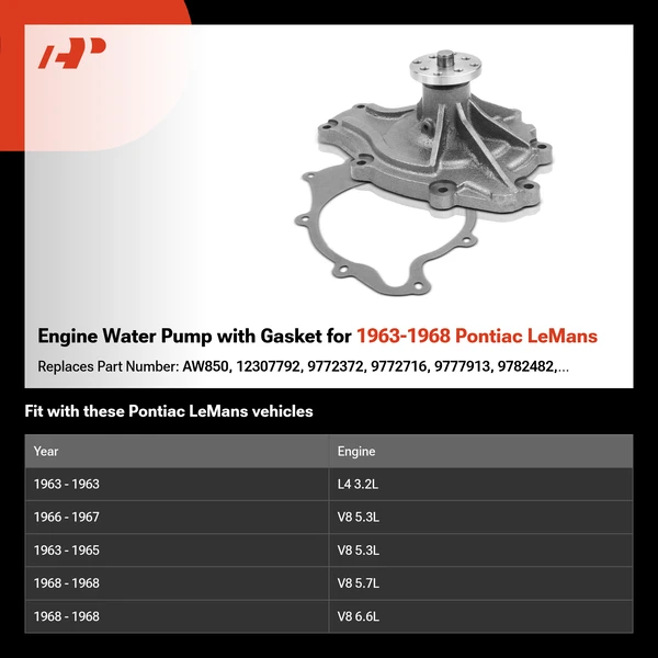 Engine Water Pump with Gasket for 1963-1968 Pontiac LeMans