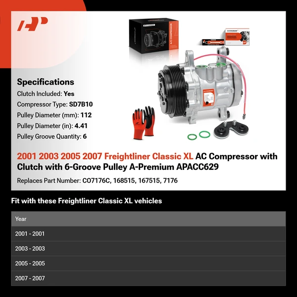 2001 2003 2005 2007 Freightliner Classic XL AC Compressor with Clutch with 6-Groove Pulley A-Premium APACC629