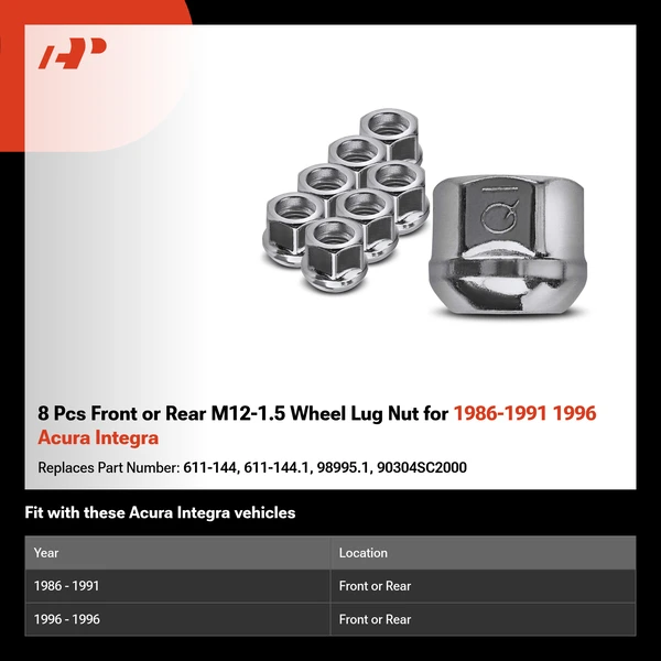 8 Pcs Front or Rear M12-1.5 Wheel Lug Nut for 1986-1991 1996 Acura Integra