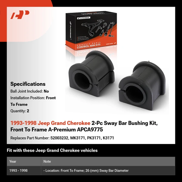 1993-1998 Jeep Grand Cherokee 2-Pc Sway Bar Bushing Kit, Front To Frame A-Premium APCA9775