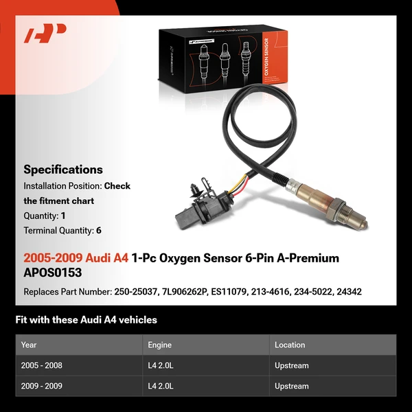 2005-2009 Audi A4 1-Pc Oxygen Sensor 6-Pin A-Premium APOS0153