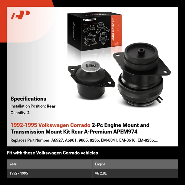 1992-1995 Volkswagen Corrado 2-Pc Engine Mount and Transmission Mount Kit Rear A-Premium APEM974