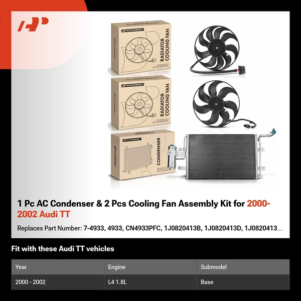 1 Pc AC Condenser & 2 Pcs Cooling Fan Assembly Kit for 2000-2002 Audi TT