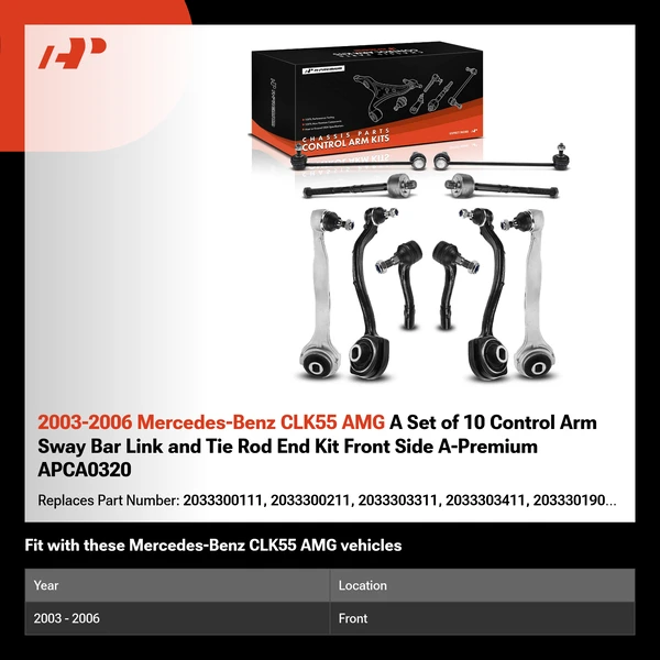 2003-2006 Mercedes-Benz CLK55 AMG A Set of 10 Control Arm Sway Bar Link and Tie Rod End Kit Front Side A-Premium APCA0320