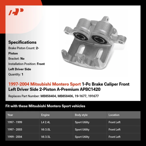 1997-2004 Mitsubishi Montero Sport 1-Pc Brake Caliper Front Left Driver Side 2-Piston A-Premium APBC1420