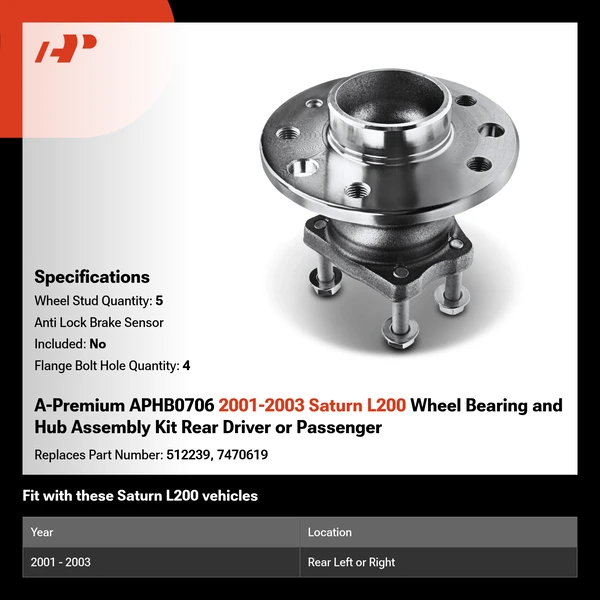A-Premium APHB0706 2001-2003 Saturn L200 Wheel Bearing and Hub Assembly Kit Rear Driver or Passenger