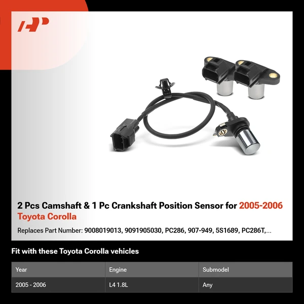 2 Pcs Camshaft & 1 Pc Crankshaft Position Sensor for 2005-2006 Toyota Corolla