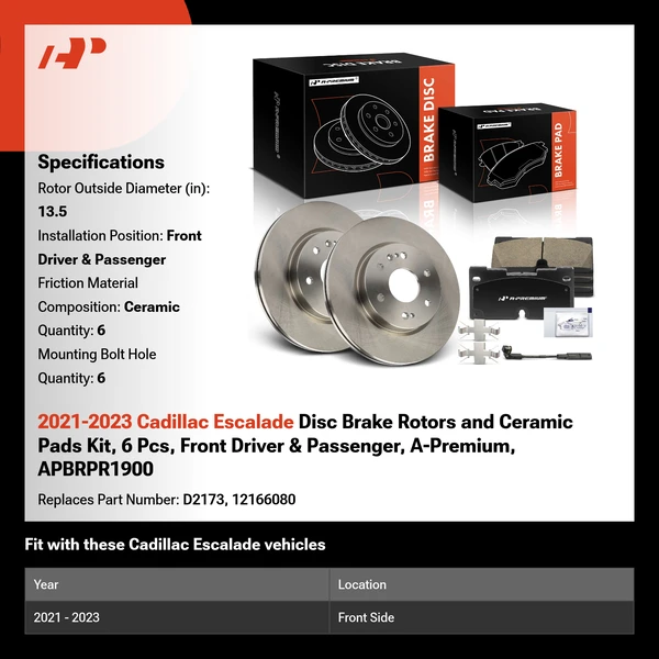 2021-2023 Cadillac Escalade Disc Brake Rotors and Ceramic Pads Kit, 6 Pcs, Front Driver & Passenger, A-Premium, APBRPR1900