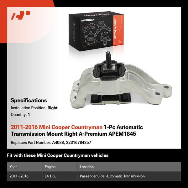 2011-2016 Mini Cooper Countryman 1-Pc Automatic Transmission Mount Right A-Premium APEM1845