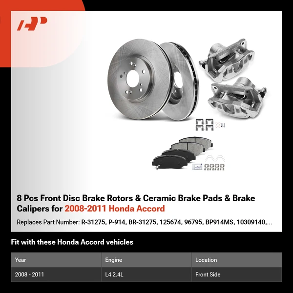 8 Pcs Front Disc Brake Rotors & Ceramic Brake Pads & Brake Calipers for 2008-2011 Honda Accord