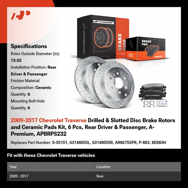 2009-2017 Chevrolet Traverse Drilled & Slotted Disc Brake Rotors and Ceramic Pads Kit, 6 Pcs, Rear Driver & Passenger, A-Premium, APBRPS232