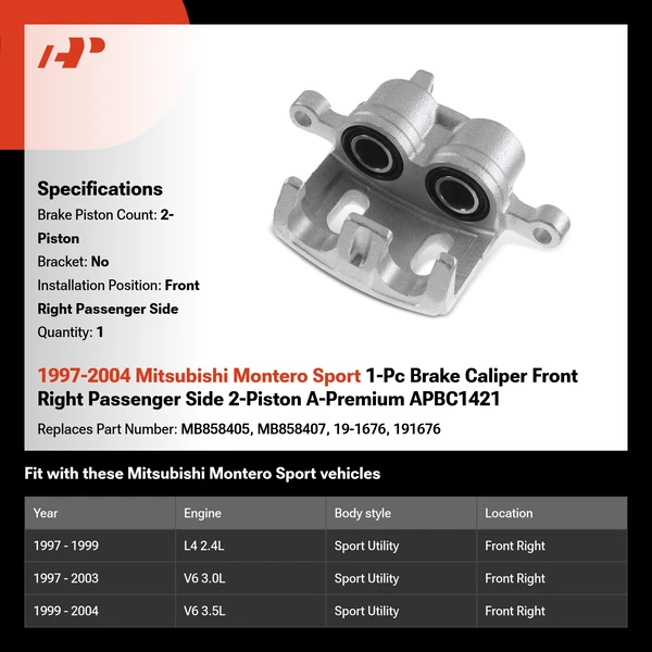 1997-2004 Mitsubishi Montero Sport 1-Pc Brake Caliper Front Right Passenger Side 2-Piston A-Premium APBC1421