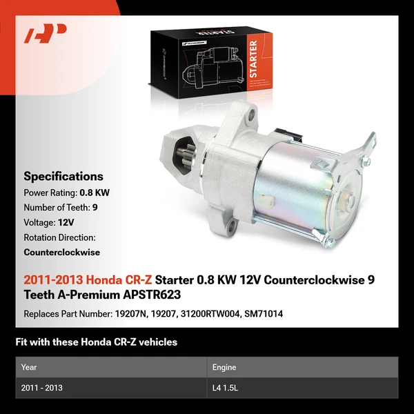 2011-2013 Honda CR-Z Starter 0.8 KW 12V Counterclockwise 9 Teeth A-Premium APSTR623