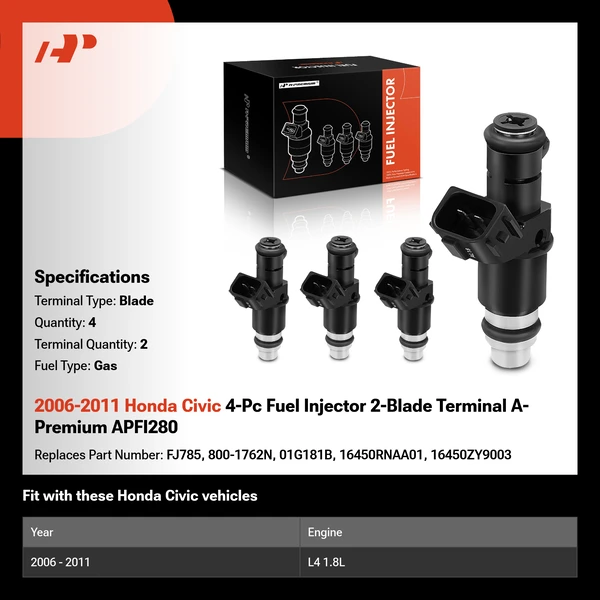 2006-2011 Honda Civic 4-Pc Fuel Injector 2-Blade Terminal A-Premium APFI280