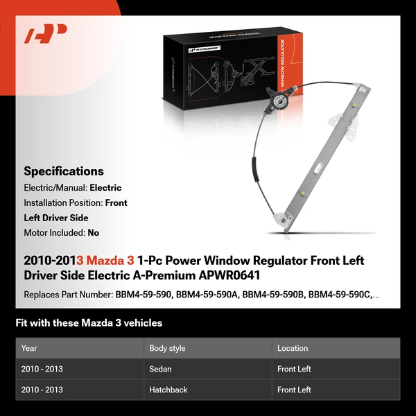 2010-2013 Mazda 3 1-Pc Power Window Regulator Front Left Driver Side Electric A-Premium APWR0641