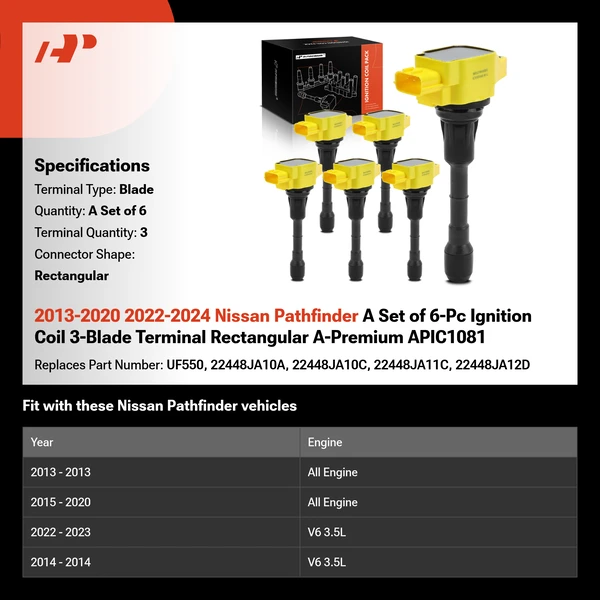 2013-2020 2022-2024 Nissan Pathfinder A Set of 6-Pc Ignition Coil 3-Blade Terminal Rectangular A-Premium APIC1081
