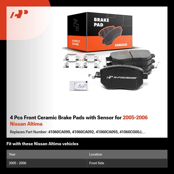 4 Pcs Front Ceramic Brake Pads with Sensor for 2005-2006 Nissan Altima