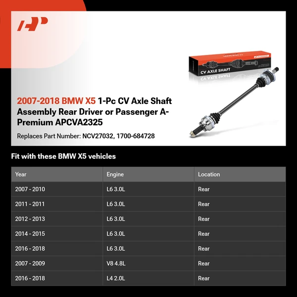 2007-2018 BMW X5 1-Pc CV Axle Shaft Assembly Rear Driver or Passenger A-Premium APCVA2325