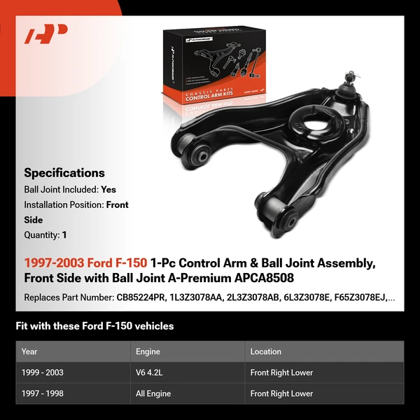 1997-2003 Ford F-150 1-Pc Control Arm & Ball Joint Assembly, Front Side with Ball Joint A-Premium APCA8508