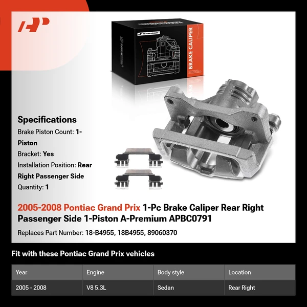 2005-2008 Pontiac Grand Prix 1-Pc Brake Caliper Rear Right Passenger Side 1-Piston A-Premium APBC0791