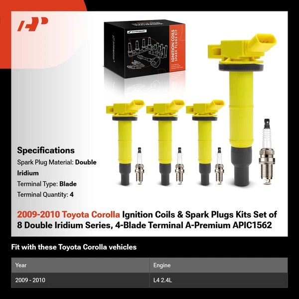 2009-2010 Toyota Corolla Ignition Coils & Spark Plugs Kits Set of 8 Double Iridium Series, 4-Blade Terminal A-Premium APIC1562