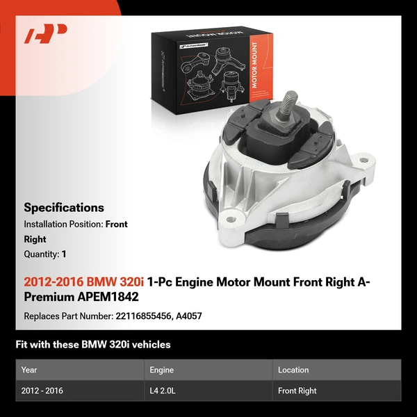 2012-2016 BMW 320i 1-Pc Engine Motor Mount Front Right A-Premium APEM1842