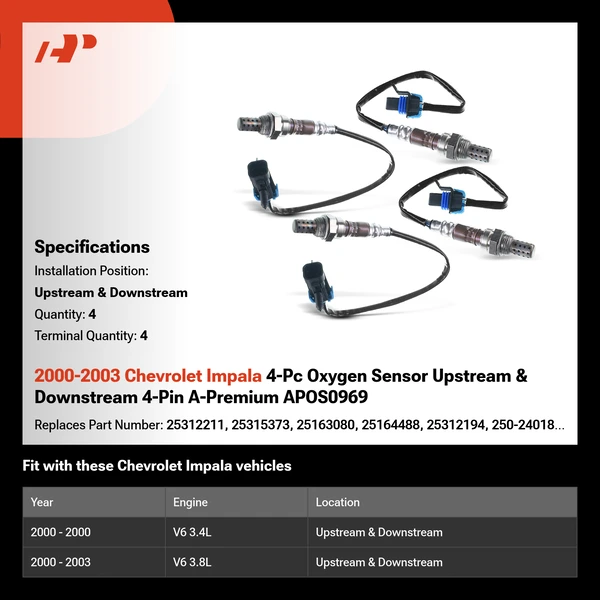 2000-2003 Chevrolet Impala 4-Pc Oxygen Sensor Upstream & Downstream 4-Pin A-Premium APOS0969