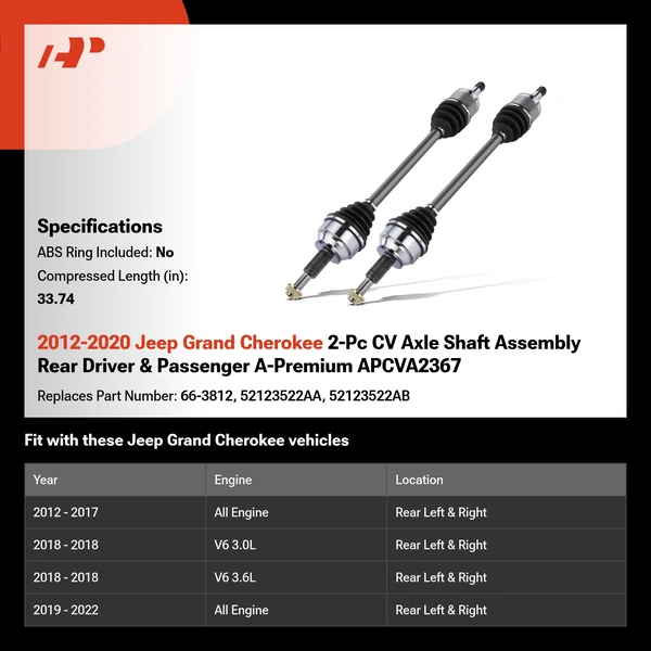 2012-2020 Jeep Grand Cherokee 2-Pc CV Axle Shaft Assembly Rear Driver & Passenger A-Premium APCVA2367