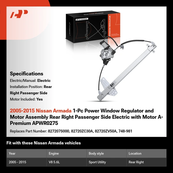 2005-2015 Nissan Armada 1-Pc Power Window Regulator and Motor Assembly Rear Right Passenger Side Electric with Motor A-Premium APWR0275