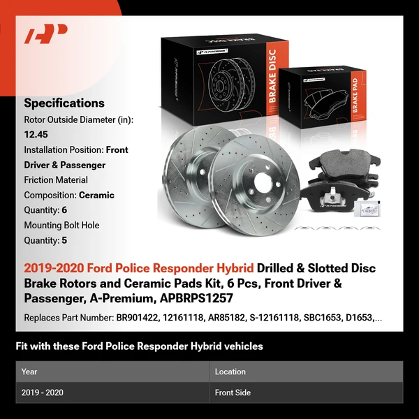 2019-2020 Ford Police Responder Hybrid Drilled & Slotted Disc Brake Rotors and Ceramic Pads Kit, 6 Pcs, Front Driver & Passenger, A-Premium, APBRPS1257