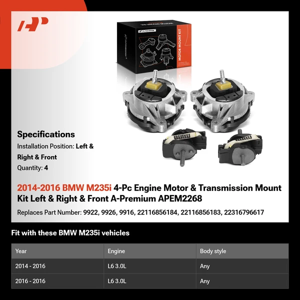 2014-2016 BMW M235i 4-Pc Engine Motor & Transmission Mount Kit Left & Right & Front A-Premium APEM2268