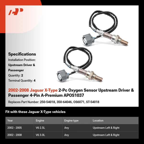 2002-2008 Jaguar X-Type 2-Pc Oxygen Sensor Upstream Driver & Passenger 4-Pin A-Premium APOS1037