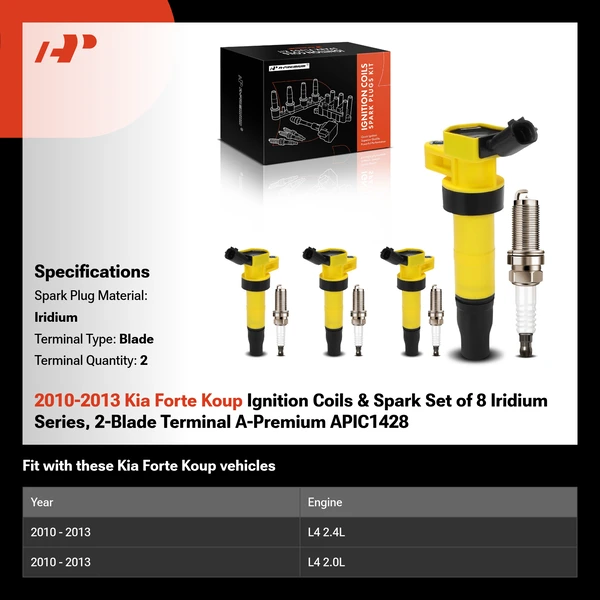2010-2013 Kia Forte Koup Ignition Coils & Spark Set of 8 Iridium Series, 2-Blade Terminal A-Premium APIC1428