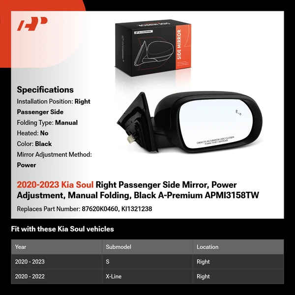 2020-2023 Kia Soul Right Passenger Side Mirror, Power Adjustment, Manual Folding, Black A-Premium APMI3158TW