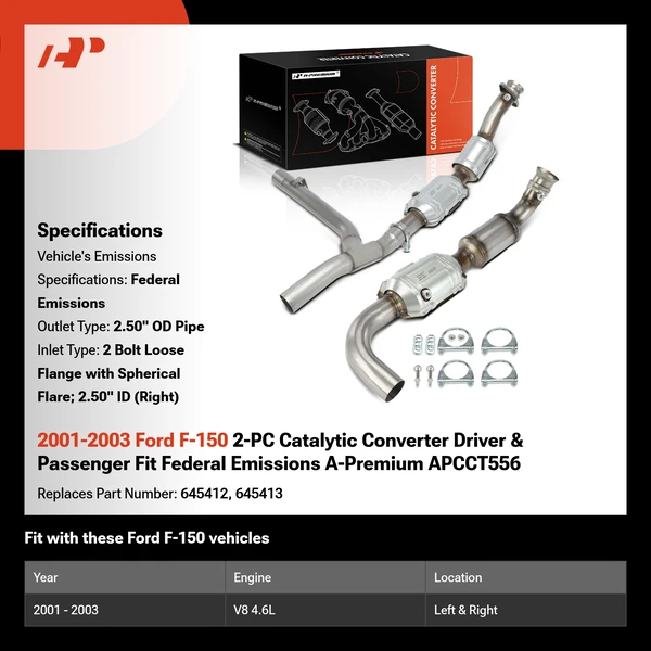 2001-2003 Ford F-150 2-PC Catalytic Converter Driver & Passenger Fit Federal Emissions A-Premium APCCT556