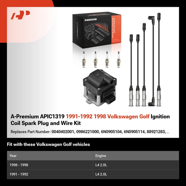 A-Premium APIC1319 1991-1992 1998 Volkswagen Golf Ignition Coil Spark Plug and Wire Kit