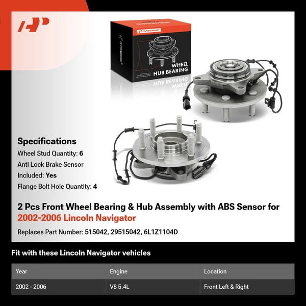 2 Pcs Front Wheel Bearing & Hub Assembly with ABS Sensor for 2002-2006 Lincoln Navigator