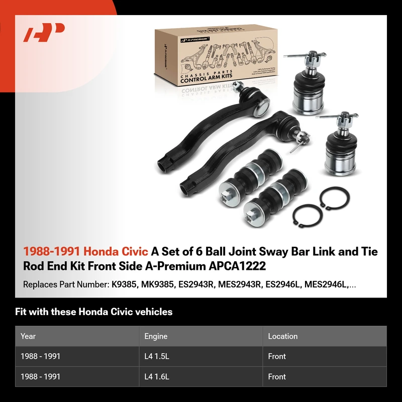 1988-1991 Honda Civic A Set of 6 Ball Joint Sway Bar Link and Tie Rod End Kit Front Side A-Premium APCA1222