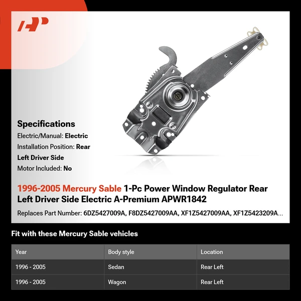 1996-2005 Mercury Sable 1-Pc Power Window Regulator Rear Left Driver Side Electric A-Premium APWR1842