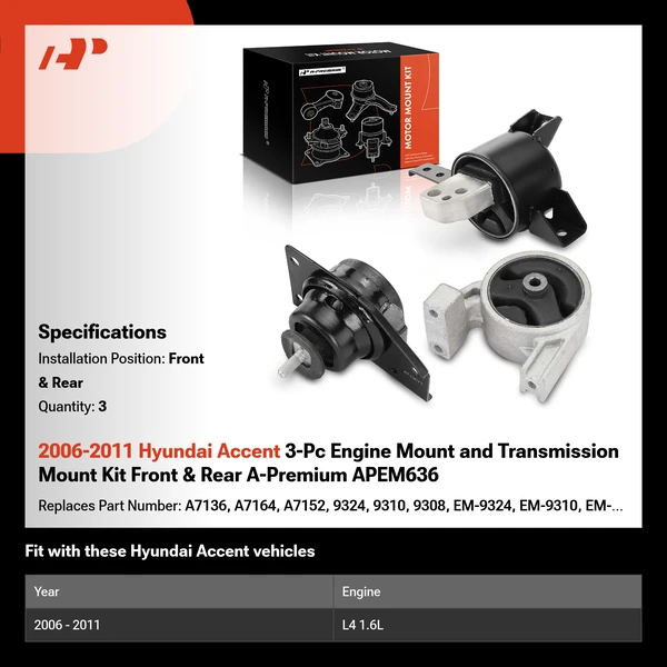 2006-2011 Hyundai Accent 3-Pc Engine Mount and Transmission Mount Kit Front & Rear A-Premium APEM636