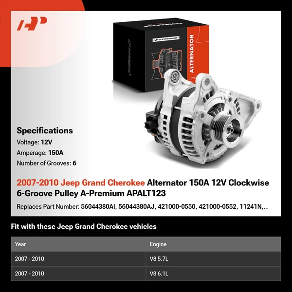 2007-2010 Jeep Grand Cherokee Alternator 150A 12V Clockwise 6-Groove Pulley A-Premium APALT123