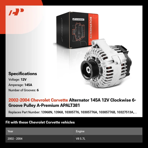 2002-2004 Chevrolet Corvette Alternator 145A 12V Clockwise 6-Groove Pulley A-Premium APALT381