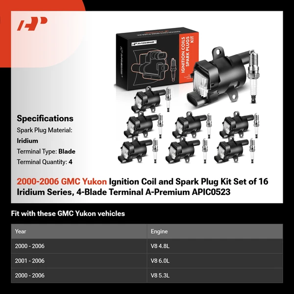 2000-2006 GMC Yukon Ignition Coil and Spark Plug Kit Set of 16 Iridium Series, 4-Blade Terminal A-Premium APIC0523