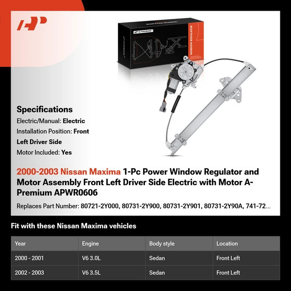 2000-2003 Nissan Maxima 1-Pc Power Window Regulator and Motor Assembly Front Left Driver Side Electric with Motor A-Premium APWR0606