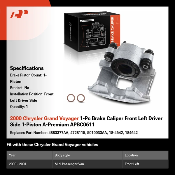 2000 Chrysler Grand Voyager 1-Pc Brake Caliper Front Left Driver Side 1-Piston A-Premium APBC0611