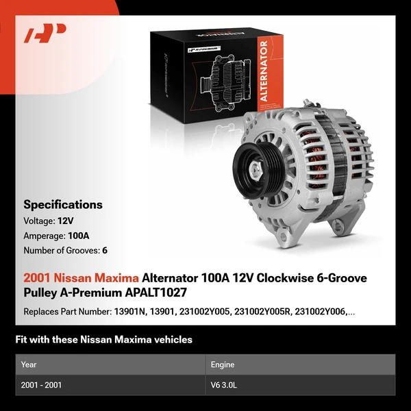 2001 Nissan Maxima Alternator 100A 12V Clockwise 6-Groove Pulley A-Premium APALT1027