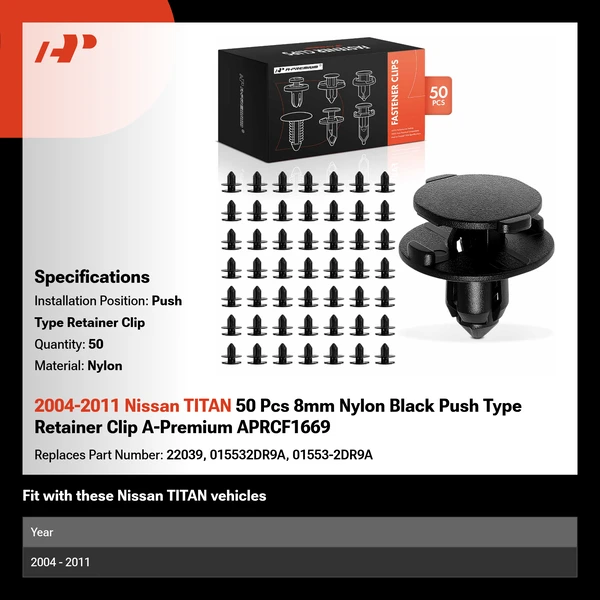 2004-2011 Nissan TITAN 50 Pcs 8mm Nylon Black Push Type Retainer Clip A-Premium APRCF1669