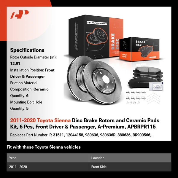 2011-2020 Toyota Sienna Disc Brake Rotors and Ceramic Pads Kit, 6 Pcs, Front Driver & Passenger, A-Premium, APBRPR115