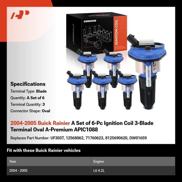 2004-2005 Buick Rainier A Set of 6-Pc Ignition Coil 3-Blade Terminal Oval A-Premium APIC1088