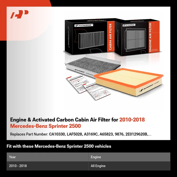 Engine & Activated Carbon Cabin Air Filter for 2010-2018 Mercedes-Benz Sprinter 2500